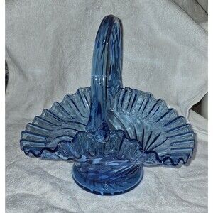 Vintage Art Glass Blue Swirl 8" Tall Basket UV Reactive
